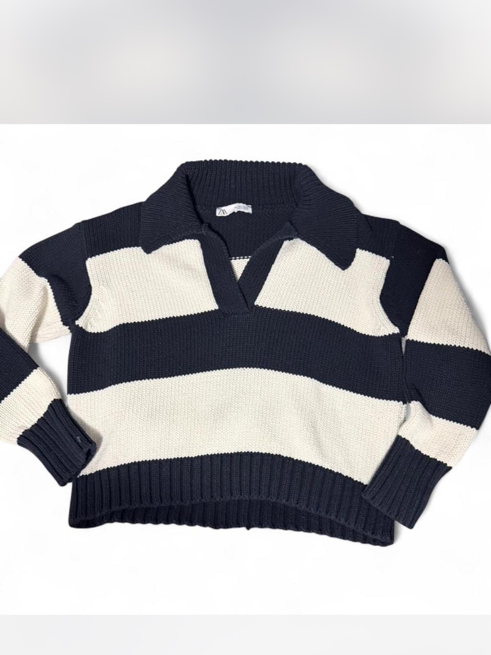 Zara Striped Collared Knit Sweater - Navy & Cream